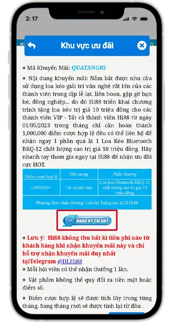 Bước 2: Tại Chương Trình 3 ấn "Đăng Ký Tại Đây". Tự động chuyển đến Telegram CSKH Quà Tặng Hi88.